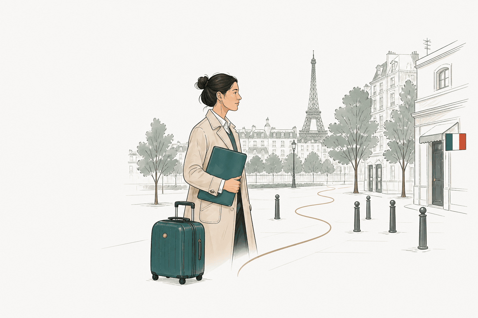 Ink illustration of a founder arriving in Paris with company documents